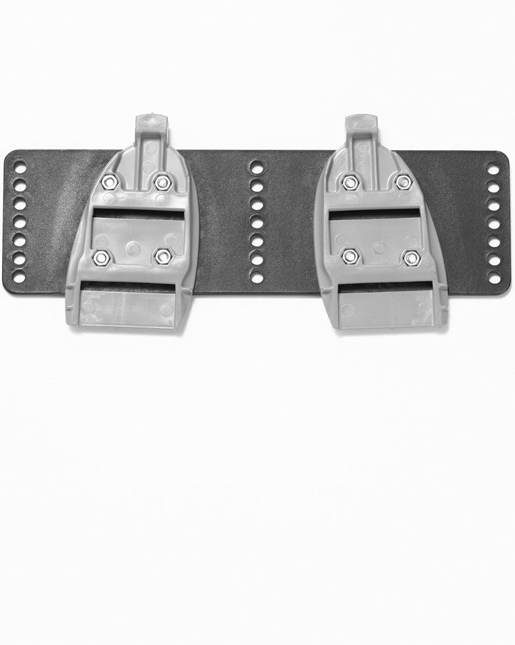 A pair of BasePlates attached to a Sykes foot stretcher/foot board